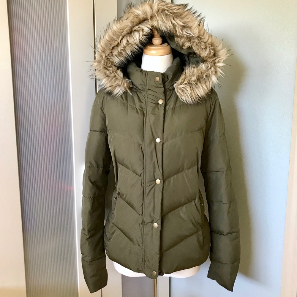 GAP Olive Green Faux Fur Hooded Puffer Coat